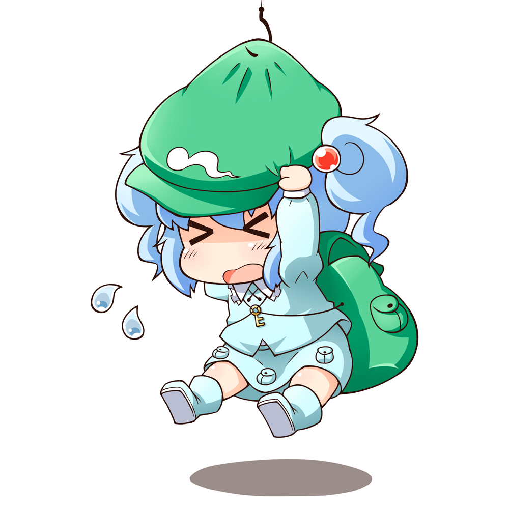 &gt;_&lt; 1girl backpack bag blue_hair blush blush_stickers boots chibi closed_eyes fishing_hook hat holding holding_hat hook jinnouchi_akira kawashiro_nitori lifting lifting_person open_mouth pocket rubber_boots short_hair short_sleeves short_twintails simple_background skirt skirt_set smile solo sweatdrop touhou trapped twintails