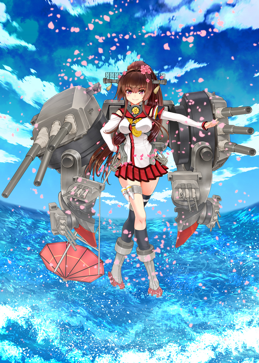 1girl bare_shoulders blue_sky brown_hair cannon cherry_blossoms detached_sleeves hair_ornament hand_on_hip highres kantai_collection long_hair looking_at_viewer machinery miniskirt neckerchief oriental_umbrella pink_eyes ponytail skirt sky smile solo standing_on_water umbrella uran_(uran-factory) very_long_hair water yamato_(kantai_collection)