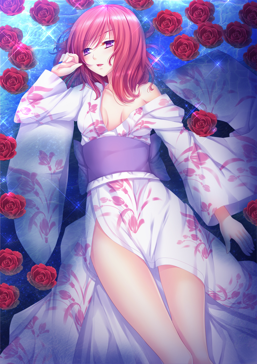 1girl breasts flower highres japanese_clothes kimono love_live!_school_idol_project nishikino_maki off_shoulder redhead rose short_hair solo toshi_(1-147) violet_eyes
