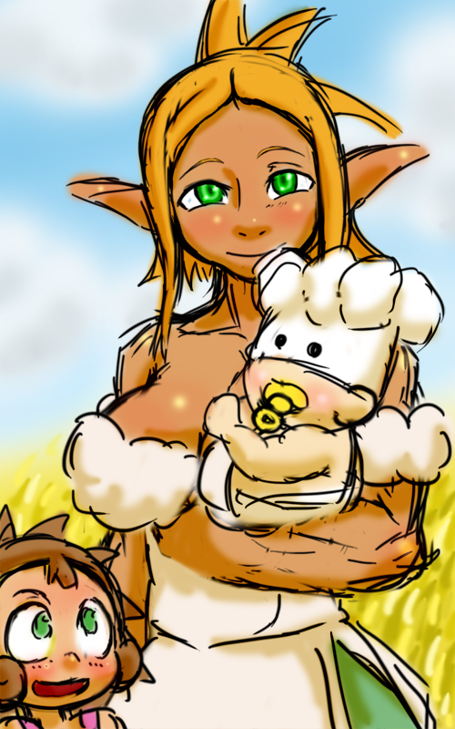 apron baby bare_shoulders blonde_hair breasts chef_hat cleavage cra dark_skin freckles green_eyes hat large_breasts mother_and_child pointy_ears sketch tan waist_apron wakfu youjin_(wakamotosupu)