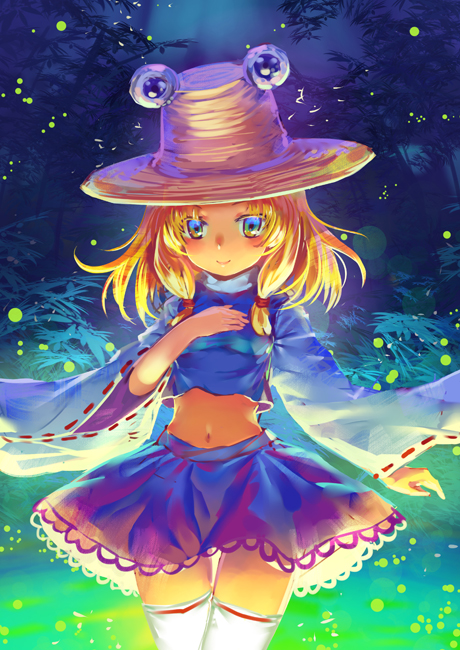 1girl blonde_hair blue_eyes breasts dress glowing hat midriff moriya_suwako navel skirt smile solo taut_clothes taut_shirt thigh-highs thigh_gap touhou tree white_legwear zimajiang