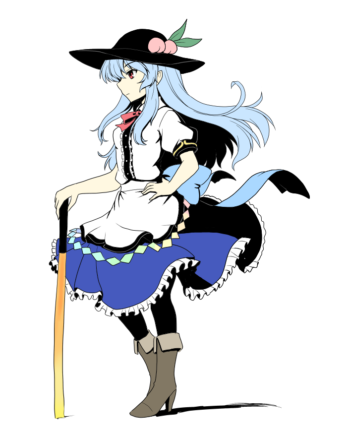 1girl blue_hair boots food fruit gomi_(gomitin) hat high_heel_boots high_heels hinanawi_tenshi long_hair peach planted_sword planted_weapon puffy_short_sleeves puffy_sleeves red_eyes sash shirt short_sleeves skirt solo sword sword_of_hisou touhou very_long_hair weapon