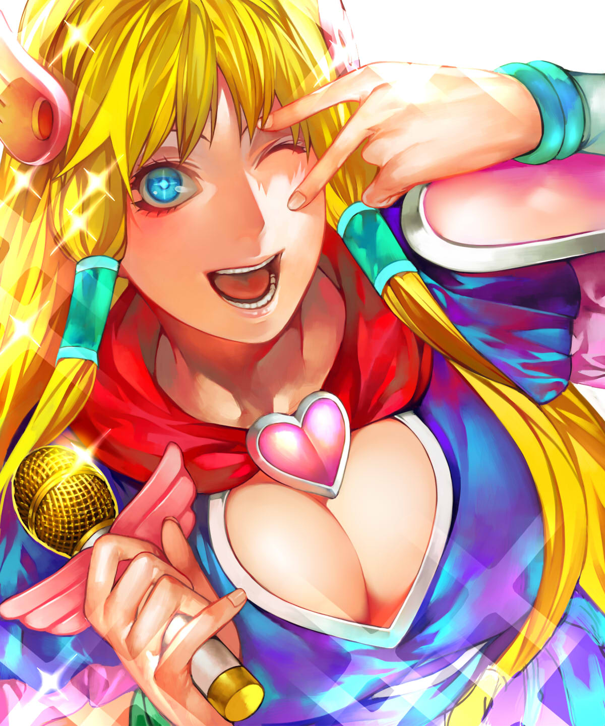 ;d blonde_hair bobobo-bo_bo-bobo breasts bust cape cleavage denbo dutch_angle eyelashes hair_ornament hair_tubes heart highres large_breasts long_hair magical_girl microphone one_eye_closed open_mouth shikihara_mitabi short_sleeves simple_background smile sparkle teeth v white_background wink