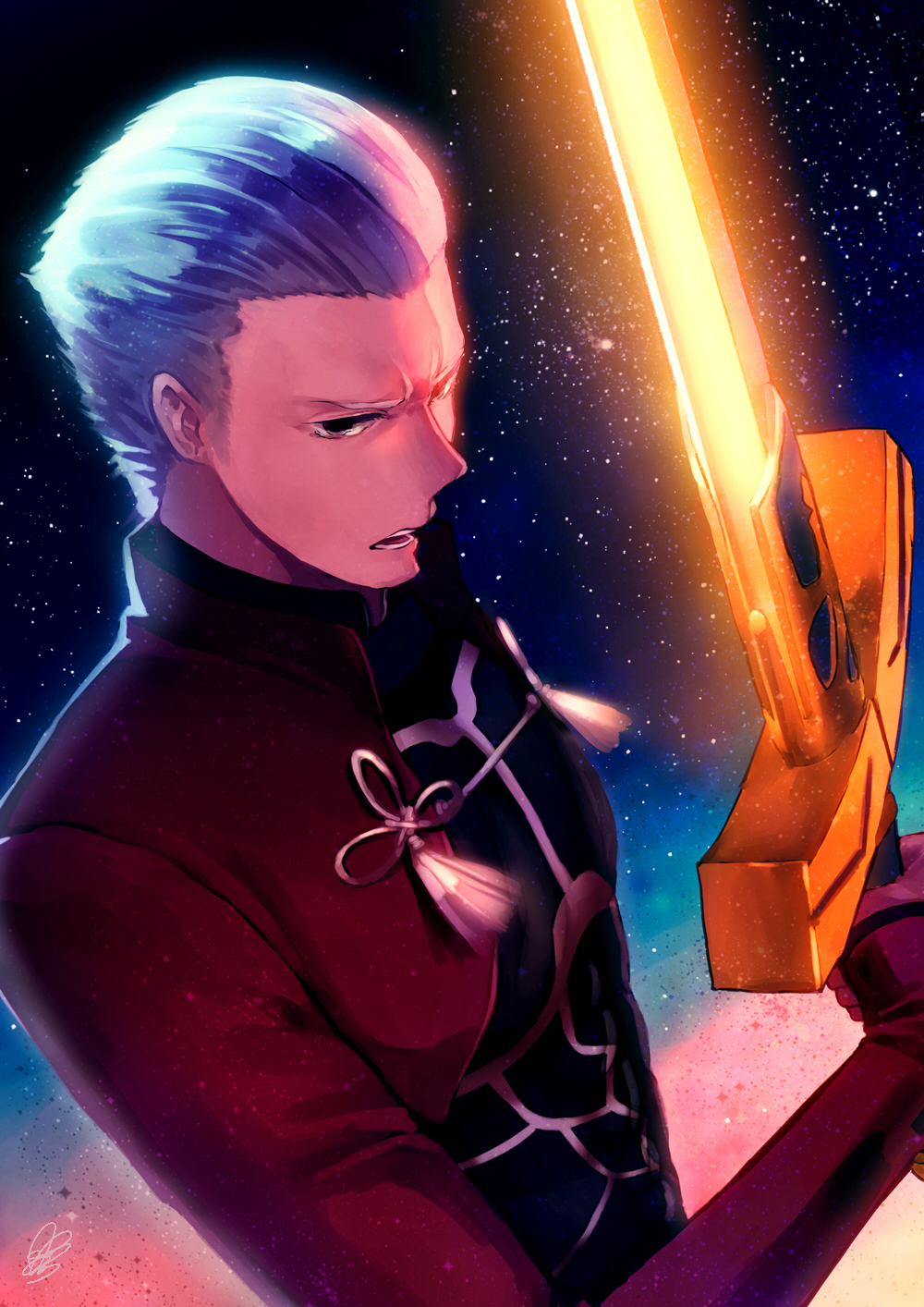 1boy archer excalibur fate/stay_night fate_(series) glowing glowing_sword glowing_weapon highres reniirean solo weapon white_hair
