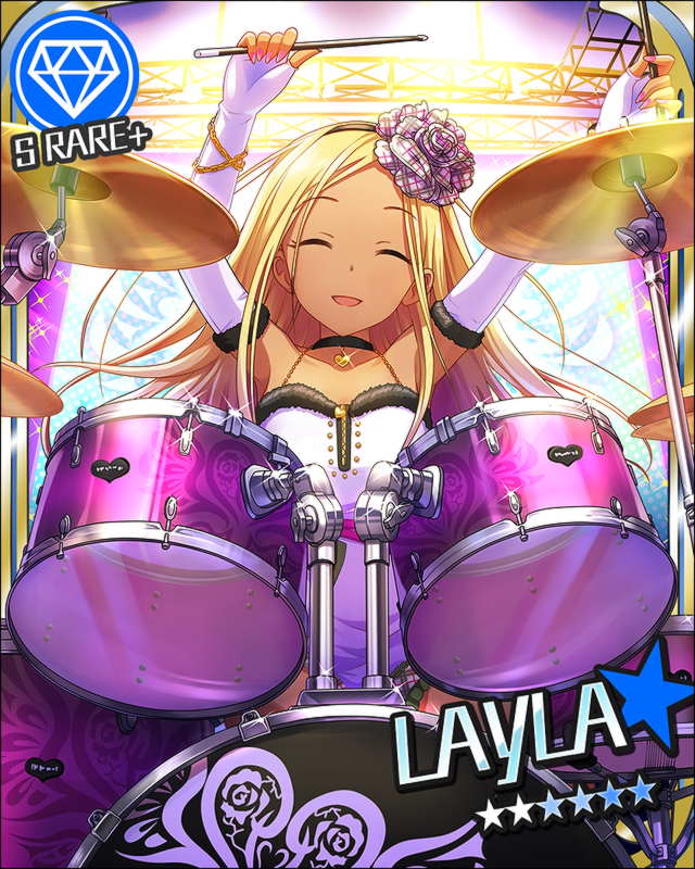 artist_request blonde_hair character_name choker dark_skin diamond_(symbol) dress drum drum_set hairband idolmaster idolmaster_cinderella_girls instrument layla_(idolmaster) smile stage stage_lights