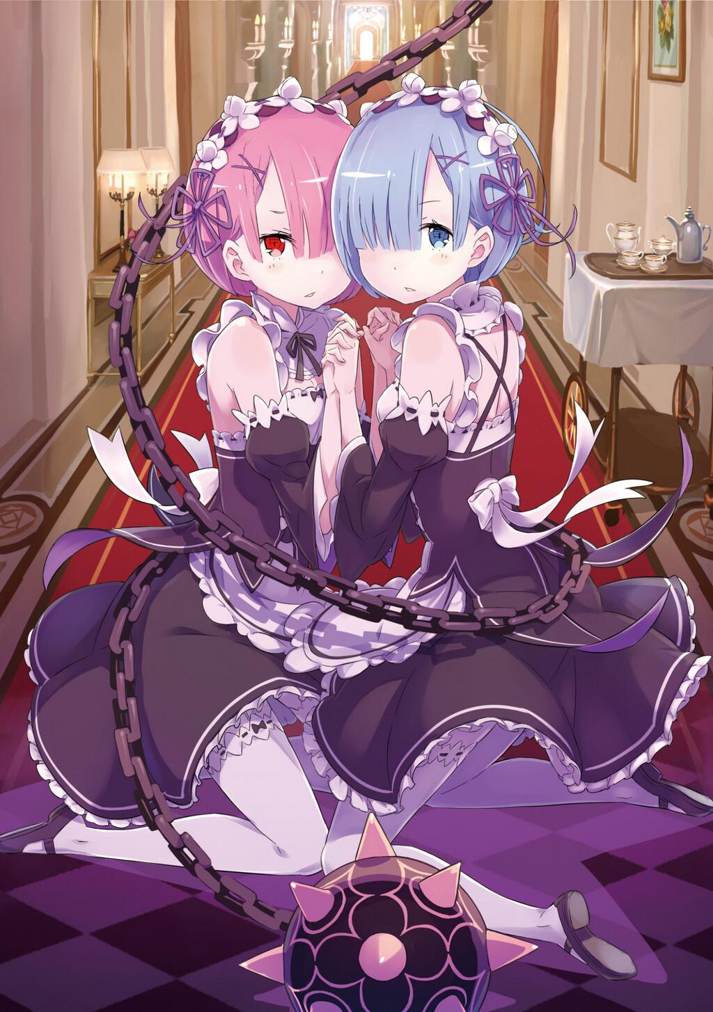 2girls artist_request ball_and_chain blue_eyes blue_hair character_request detached_sleeves headdress highres indoors kneeling multiple_girls one_eye_covered pantyhose pink_eyes pink_hair