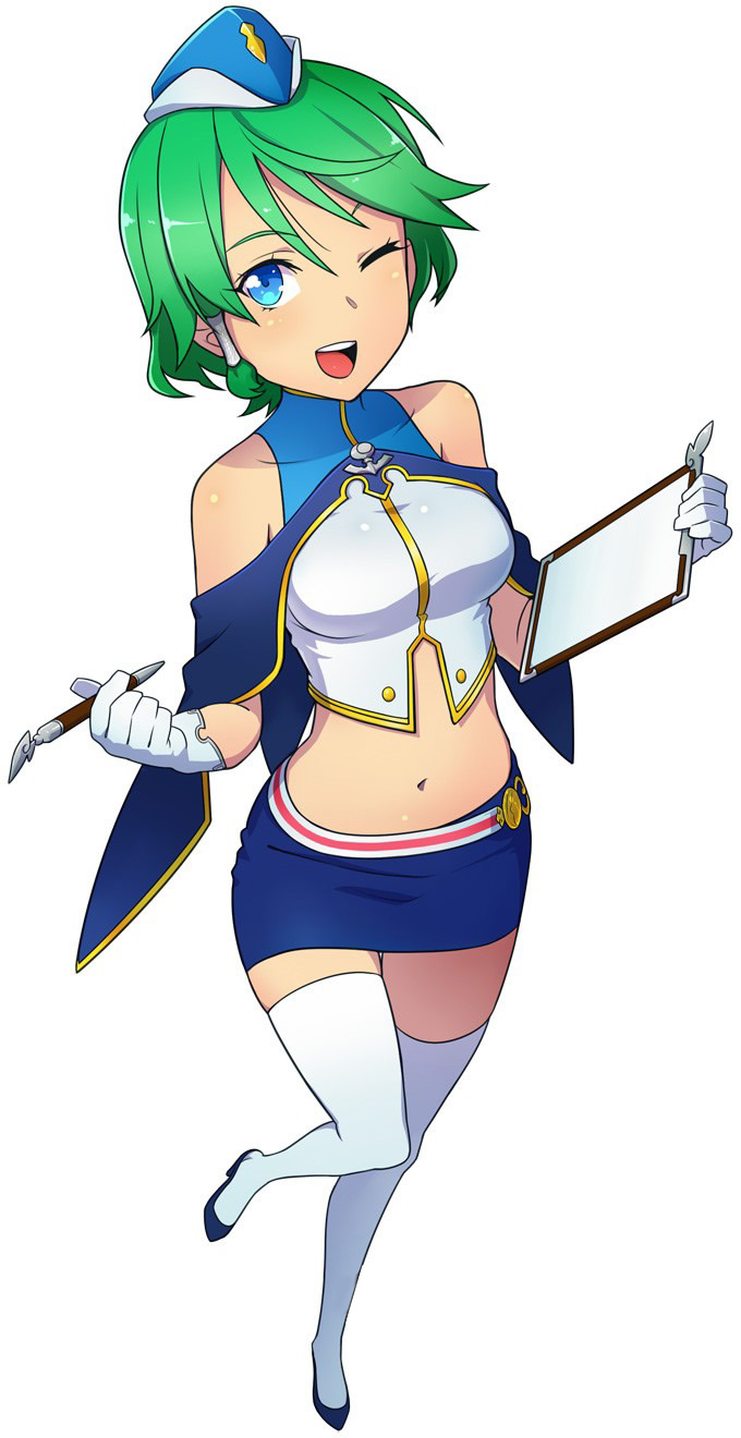 1girl aqua_eyes clipboard full_body gloves green_eyes hat highres holding midriff miniskirt navel official_art open_mouth pen short_hair simple_background skirt solo thighhighs toushin_toshi white_background white_legwear wink