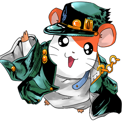 animal artist_request chain coat cosplay crossover hamster hamtaro hamtaro_(hamtaro) happy hat jojo_no_kimyou_na_bouken kuujou_joutarou kuujou_joutarou_(cosplay) looking_at_viewer lowres no_humans open_mouth oversized_clothes simple_background smile source_request white_background