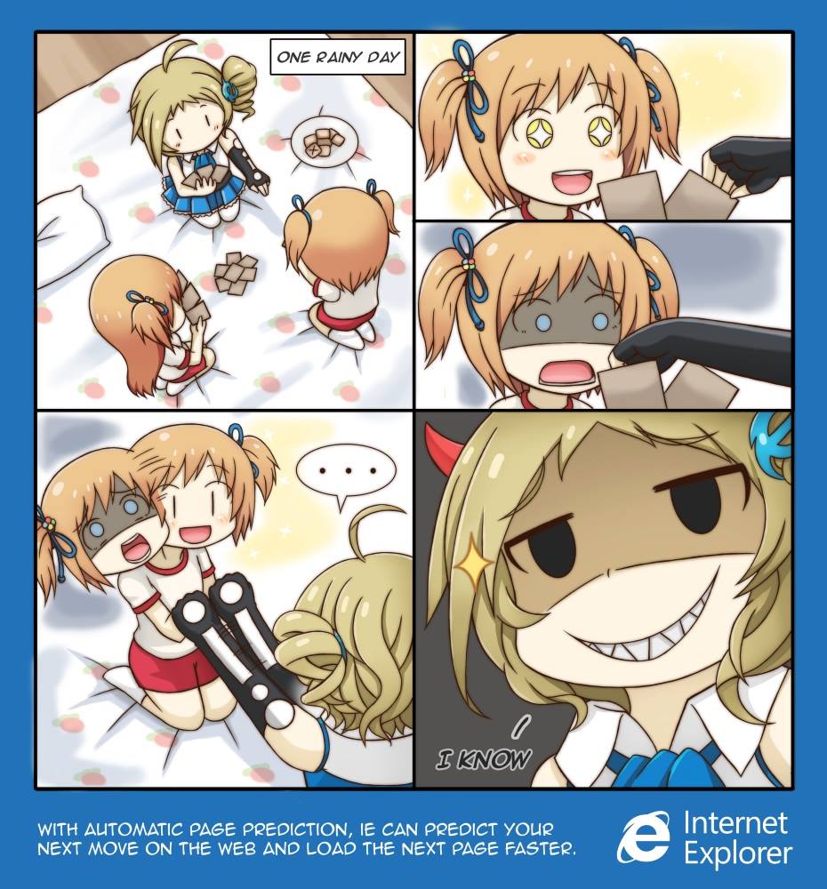 +_+ ... 3girls ahoge aizawa_inori artist_request blue_eyes blush_stickers brown_hair card character_request chibi comic commentary devil_horns english fingerless_gloves food from_above glint gloves grin hair_ornament hair_ribbon internet_explorer long_hair love_live!_school_idol_project microsoft motion_lines multiple_girls one_side_up open_mouth os-tan parody pillow playing_card pleated_skirt ribbon seiza sharp_teeth single_elbow_glove sitting skirt smile two_side_up yellow_eyes |_|
