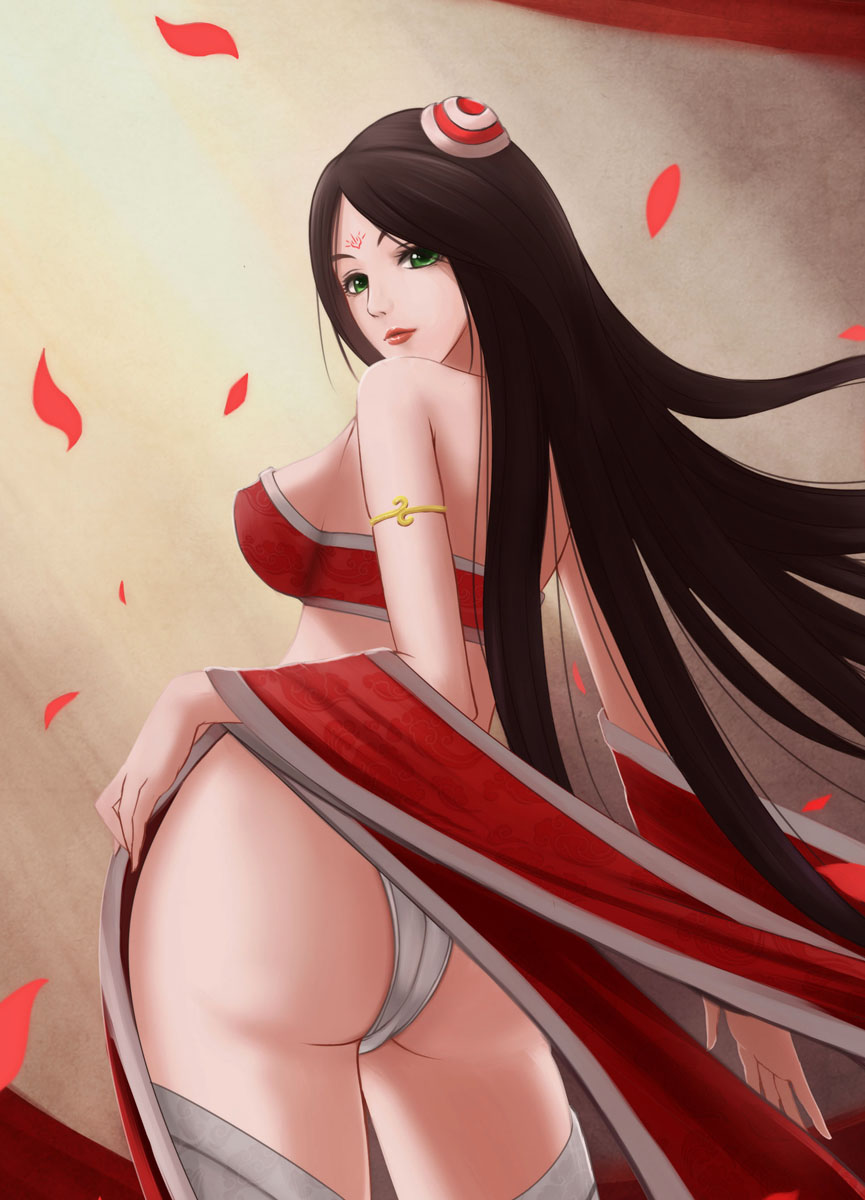 1girl alternate_costume alternate_eye_color alternate_hair_color alternate_hairstyle arms_at_sides ass breasts brown_hair cleavage double_bun dress from_behind green_eyes highres irelia league_of_legends lips lipstick long_hair makeup midriff off_shoulder panties red_dress seiryuu_zaiten side_slit skirt skirt_set thigh-highs thighs underwear white_legwear white_panties