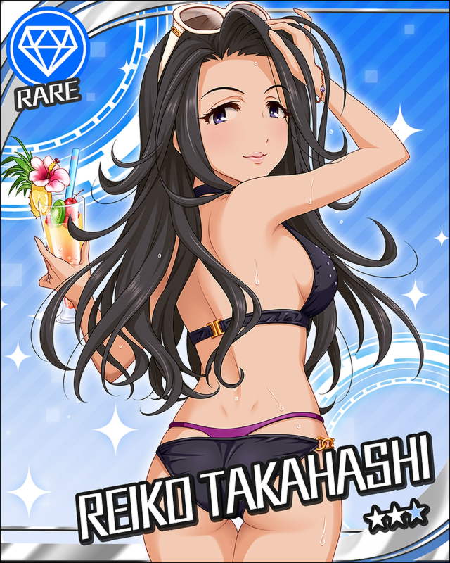 bare_back beverage bikini black_hair blue_eyes character_name goggles idolmaster idolmaster_cinderella_girls long_hair official_art stars takahashi_reiko