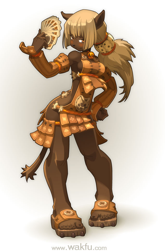 1girl animal_ears bell bell_collar blonde_hair breasts card cat_ears cat_tail collar contrapposto dark_skin detached_sleeves ecaflip faulds full_body hand_on_hip long_hair orange_eyes ponytail revealing_clothes sandals sideboob slender_waist solo standing tabard tail toes wakfu xavier_houssin