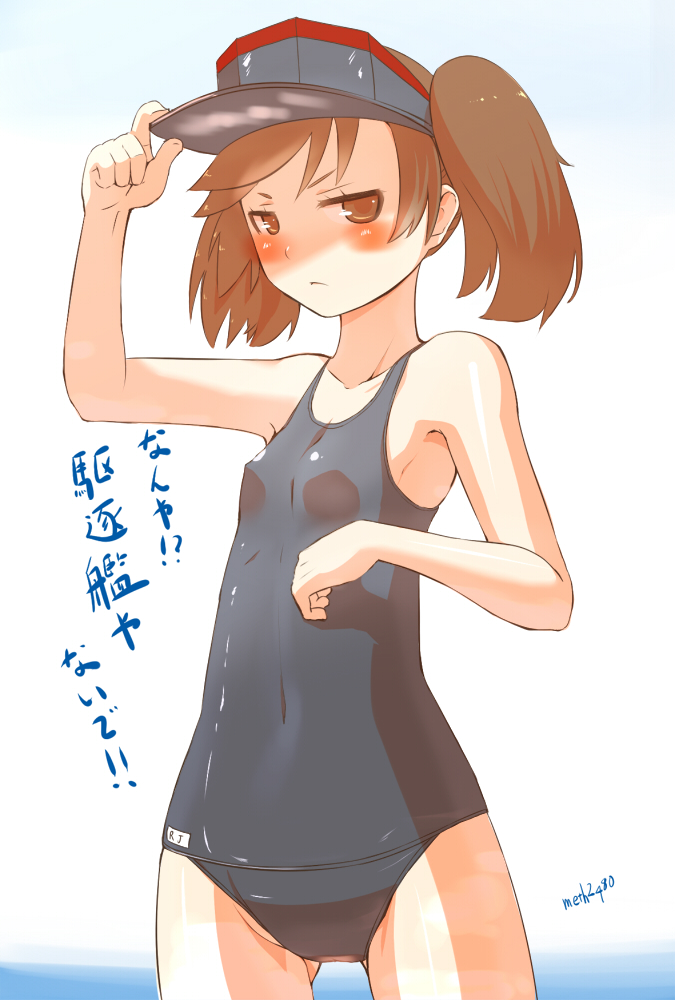 &gt;:&lt; 1girl :&lt; armpits artist_name bare_shoulders black_swimsuit blush brown_eyes brown_hair collarbone covered_navel hand_on_headwear kantai_collection long_hair meth_(emethmeth) navel personification ryuujou_(kantai_collection) small_breasts solo swimsuit text translation_request twintails visor_cap