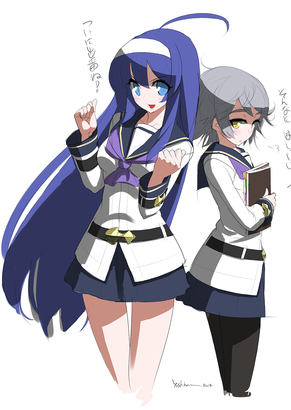 2girls ahoge artist_request bare_legs blue_eyes blue_hair book character_request ecole french-bread hairband highres holding holding_book huge_ahoge long_hair multiple_girls official_art orie_(under_night_in-birth) pantyhose sailor_collar signature silver_hair translation_request under_night_in-birth very_long_hair yellow_eyes