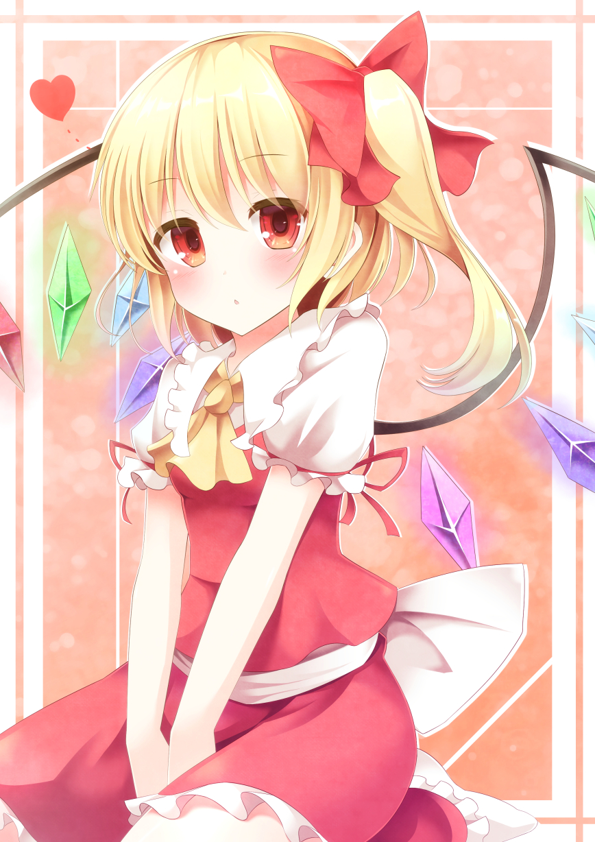 1girl ascot blonde_hair blush bow flandre_scarlet hair_bow heart highres no_hat pen-zin puffy_short_sleeves puffy_sleeves red_eyes sash shirt short_sleeves side_ponytail sitting skirt solo touhou v_arms wariza wings