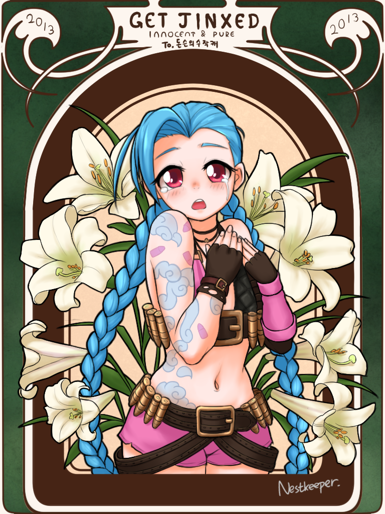 1girl belt blue_hair blush braid bullet choker commentary crying crying_with_eyes_open fingerless_gloves flat_chest flower fringe gloves jewelry jinx_(league_of_legends) league_of_legends lily_(flower) long_hair looking_at_viewer mismatched_gloves necklace nestkeeper out_of_character pink_eyes shorts solo tattoo tears twin_braids very_long_hair