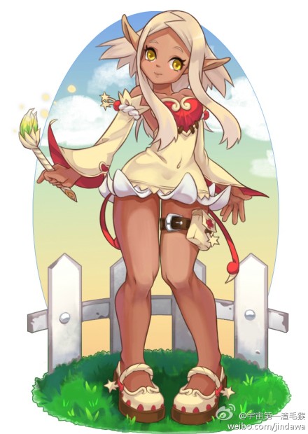 1girl bare_shoulders breasts brush dark_skin detached_sleeves dress kinippuu mary_janes paintbrush payot pigeon-toed pointy_ears shoes short_dress silver_hair solo strapless_dress thigh_pouch wakfu yellow_eyes