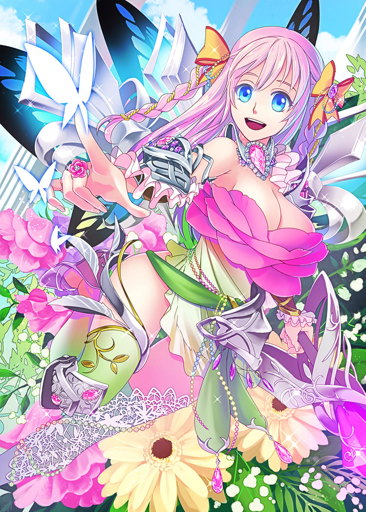 1girl :d armor bare_shoulders blue_eyes bow braid breasts brooch butterfly butterfly_wings cleavage flower hair_beads hair_bow hands jewelry long_hair metal_wings multiple_wings open_mouth original pink_hair smile sparkle thigh-highs tokiwa_suzaku twin_braids weapon wings