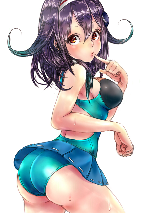 1girl ass black_hair brown_eyes competition_swimsuit ha_to_mi kantai_collection one-piece_swimsuit red_eyes ryuuhou_(kantai_collection) short_hair skirt swimsuit taigei_(kantai_collection)