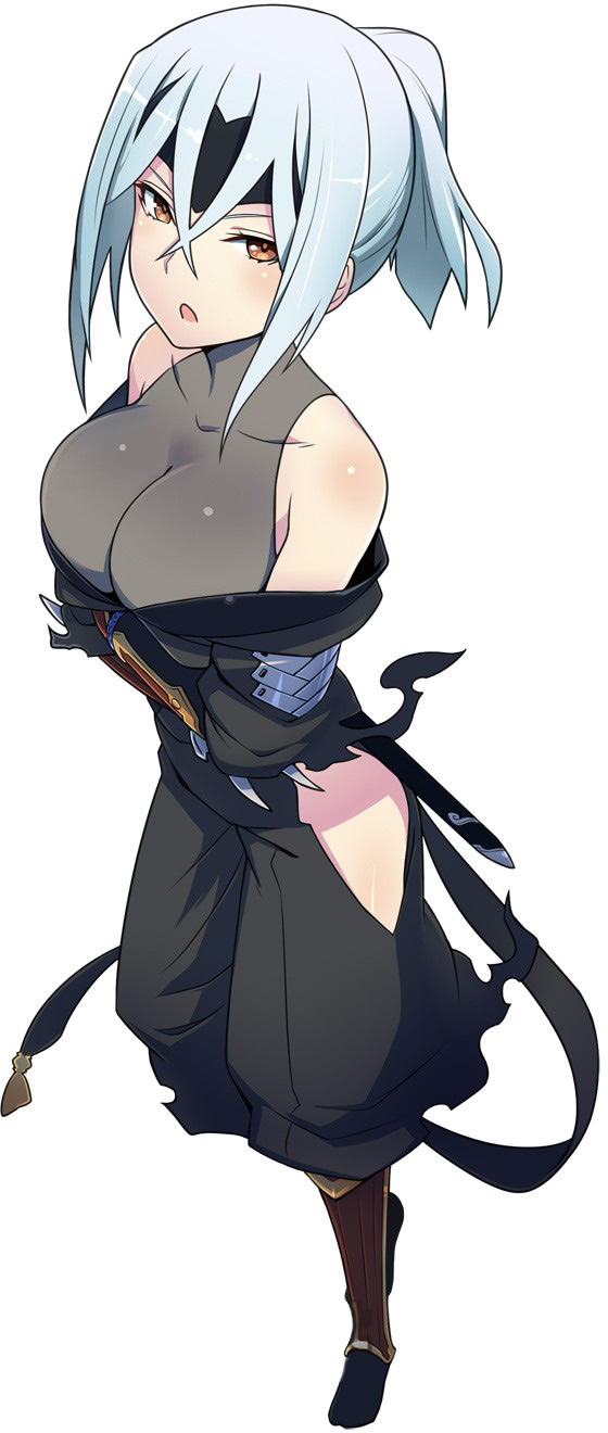 1girl :o artist_request breasts brown_eyes character_request crossed_arms crossed_bangs full_body highres large_breasts ninja official_art open_mouth ponytail simple_background sleeveless solo toushin_toshi white_hair