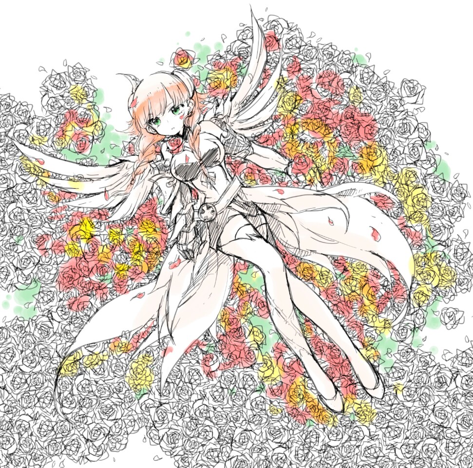 1girl armor armored_dress bare_shoulders belt bow braid dress feathered_wings flower full_body gauntlets grass green_eyes hair_ornament knees_together_feet_apart knees_touching leaf lying on_back orange_hair orange_rose petals pikomarie puzzle_&amp;_dragons red_rose rose short_hair short_hair_with_long_locks simple_background sleeveless sleeveless_dress solo spot_color thorns twin_braids valkyrie valkyrie_(p&amp;d) vines white_background wings yellow_rose