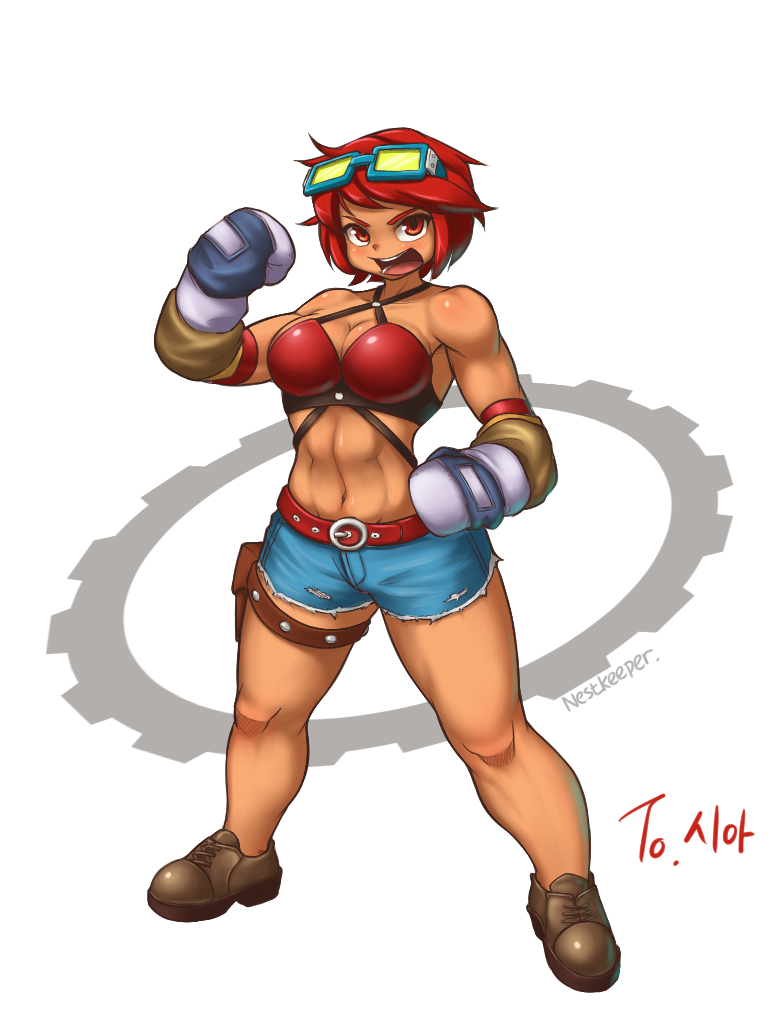 1girl bare_shoulders boxing_gloves breasts cleavage cutoffs dark_skin denim denim_shorts dungeon_and_fighter fighter_(dungeon_and_fighter) full_body goggles goggles_on_head halter_top halterneck navel nestkeeper red_eyes redhead shoes shorts solo standing thigh_pouch toned