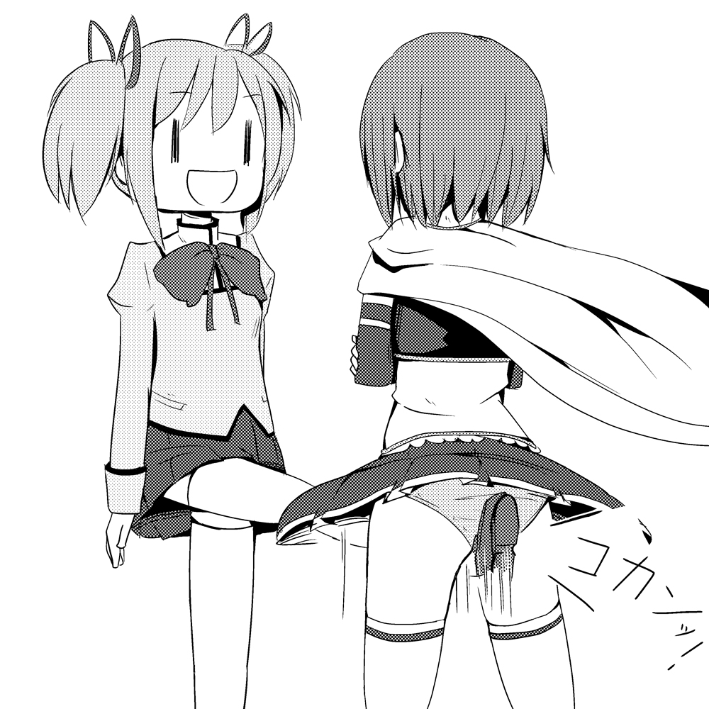 2girls cape comic crossed_arms cunt_punt kaname_madoka kicking magical_girl mahou_shoujo_madoka_magica miki_sayaka monochrome multiple_girls ogadenmon panties pantyshot short_twintails thigh-highs twintails underwear zettai_ryouiki