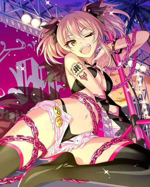 1girl ;d breasts chain idolmaster idolmaster_cinderella_girls jougasaki_mika looking_at_viewer microphone_stand official_art open_mouth pink_hair pose shorts smile stage stage_lights tattoo thighhighs underboob wink yellow_eyes
