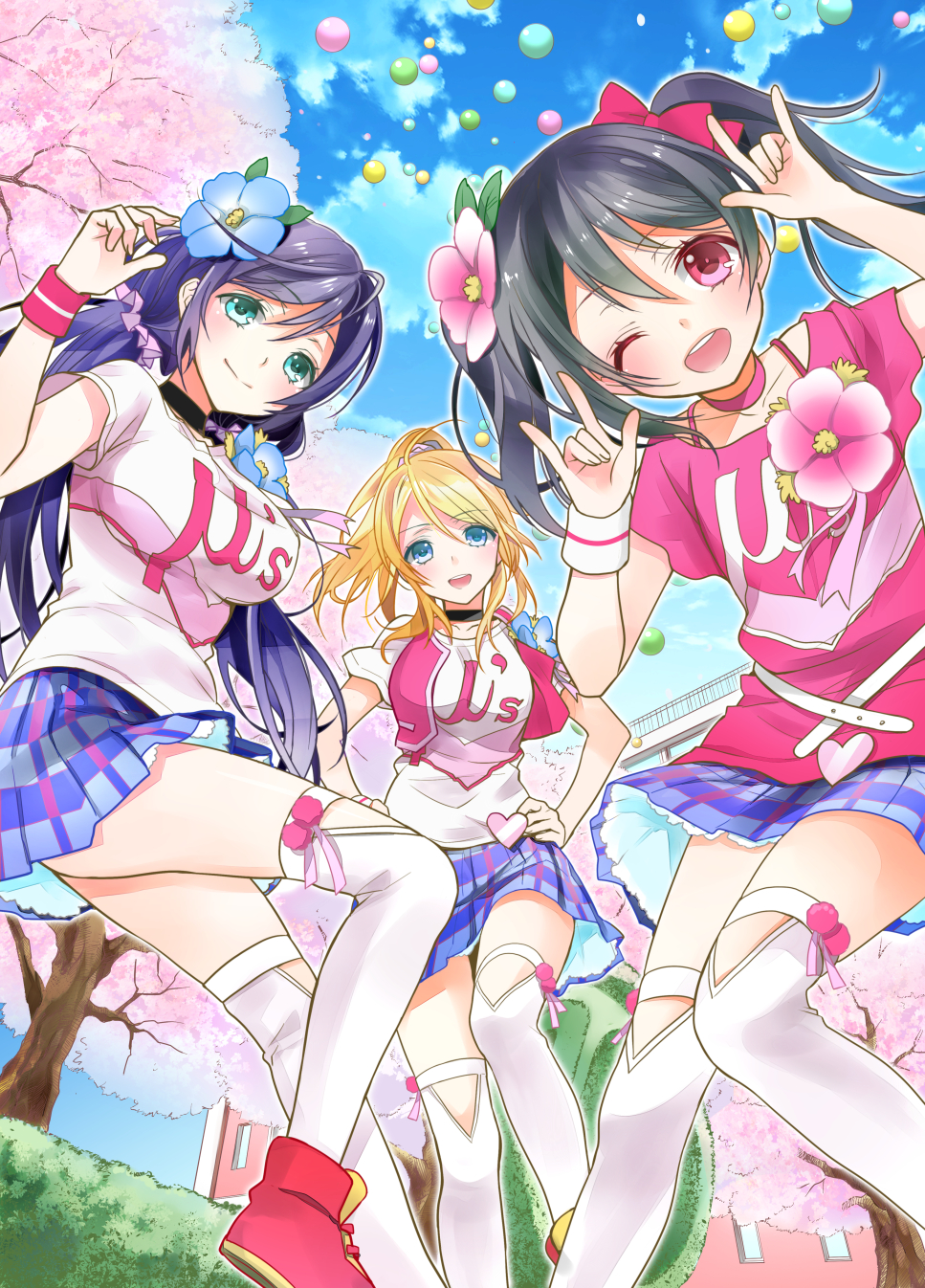 \m/ ayase_eli balloon black_hair blonde_hair blue_eyes blush breasts clouds double_\m/ green_eyes hands_on_hips highres long_hair looking_at_viewer love_live!_school_idol_project nico_nico_nii ooshima_tomo open_mouth ponytail purple_hair red_eyes skirt sky smile thigh-highs toujou_nozomi twintails yazawa_nico