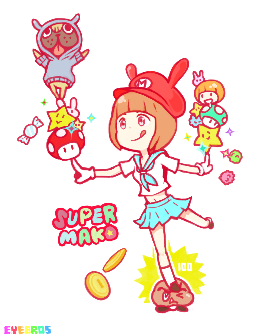 1girl artist_request bob_cut brown_hair candy coin crossover dog gloves goomba guts_(kill_la_kill) hat kill_la_kill mankanshoku_mako midriff mushroom sailor_collar school_uniform serafuku short_hair smile star starman_(mario) super_mario_bros. super_mushroom tongue tongue_out white_gloves