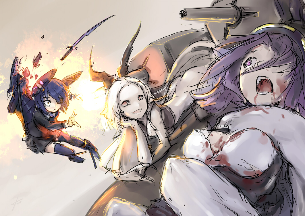 3girls armored_aircraft_carrier_oni ass bent_over black_skirt blood blood_in_mouth blood_on_face bloody_clothes crop_top damaged defeat ebizome eyepatch firing halo head_rest headgear kantai_collection long_hair machinery mechanical_halo multiple_girls open_mouth ponytail purple_hair red_eyes school_uniform serafuku short_hair shouting sketch skirt smile smug sword tatsuta_(kantai_collection) tenryuu_(kantai_collection) thigh-highs torn_clothes turret very_long_hair violet_eyes weapon white_hair white_skin wide-eyed yellow_eyes