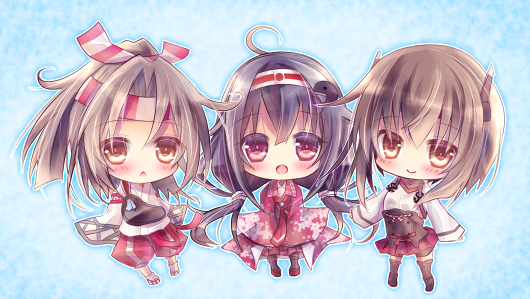 3girls :&lt; ahoge brown_eyes brown_hair chibi hachimaki hairband headband hina_(ohinao) kantai_collection long_hair looking_at_viewer low_twintails multiple_girls muneate open_mouth ponytail red_eyes ryuuhou_(kantai_collection) short_hair skirt sleeves_past_wrists smile taigei_(kantai_collection) taihou_(kantai_collection) thigh-highs twintails violet_eyes wide_sleeves zuihou_(kantai_collection)