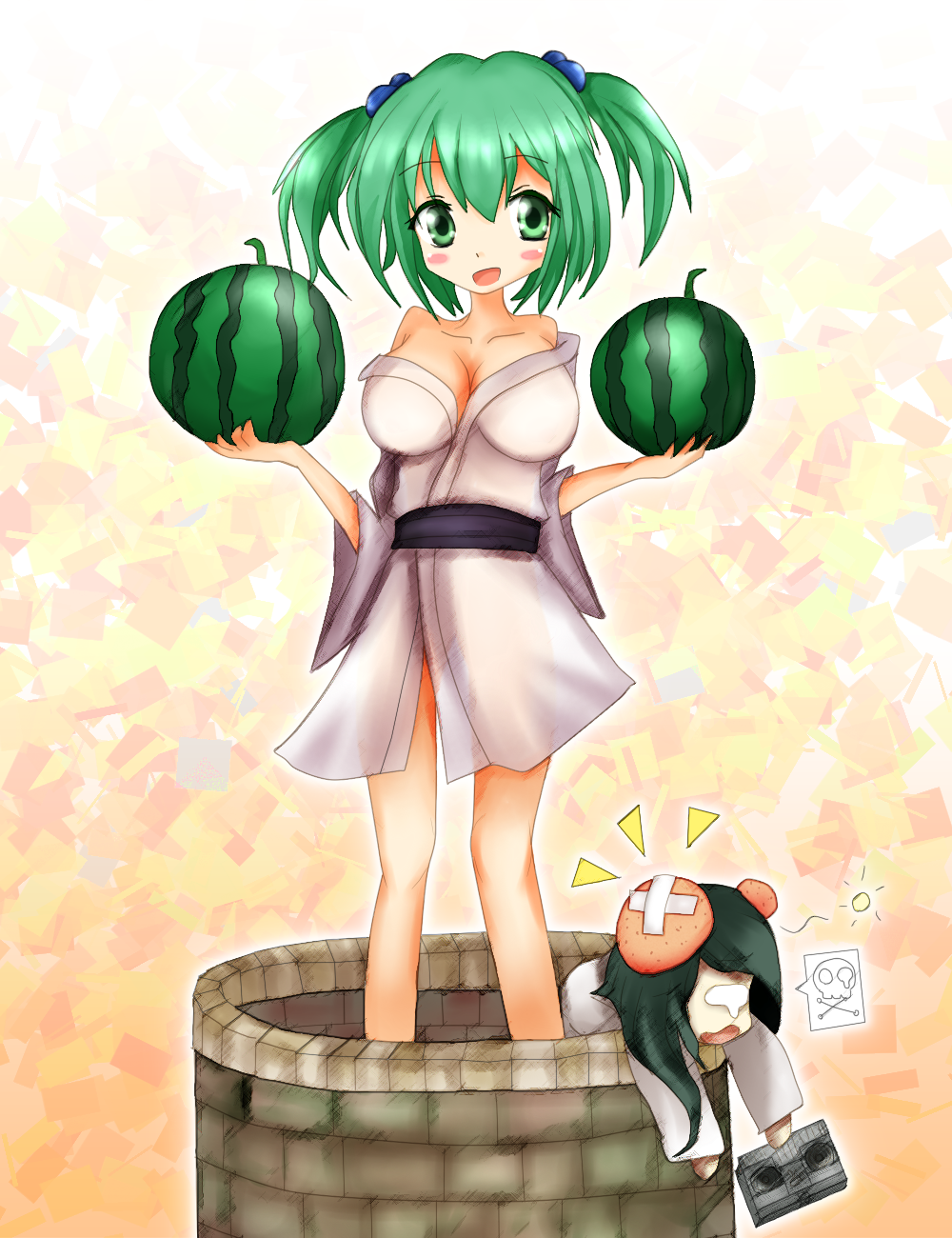 2girls alternate_breast_size aps50217 black_hair breasts cleavage commentary_request food fruit green_eyes green_hair hair_bobbles hair_ornament head_bump highres japanese_clothes kimono kisume large_breasts multiple_girls off_shoulder open_mouth sash skull_and_crossbones smile the_ring touhou twintails unconscious videocasette watermelon well wide_sleeves yamamura_sadako yukata