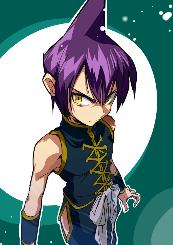 1boy from_above male purple_hair shaman_king solo tao_ren yan'yo_(yan'yan'yo) yellow_eyes
