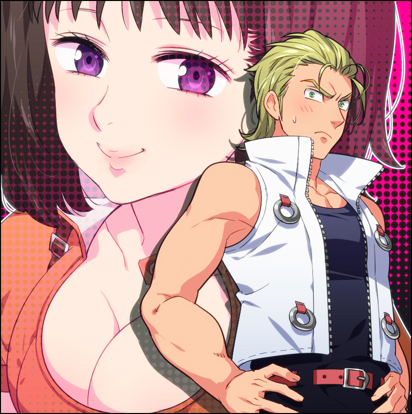 1boy 1girl belt blonde_hair blush breasts brown_hair cleavage couple diane_(nanatsu_no_taizai) eyelashes giantess green_eyes happy hauser_(nanatsu_no_taizai) hetero large_breasts long_hair looking_at_viewer nanatsu_no_taizai shirt short_hair size_difference smile standing tetsukuzu_tetsuko twintails violet_eyes