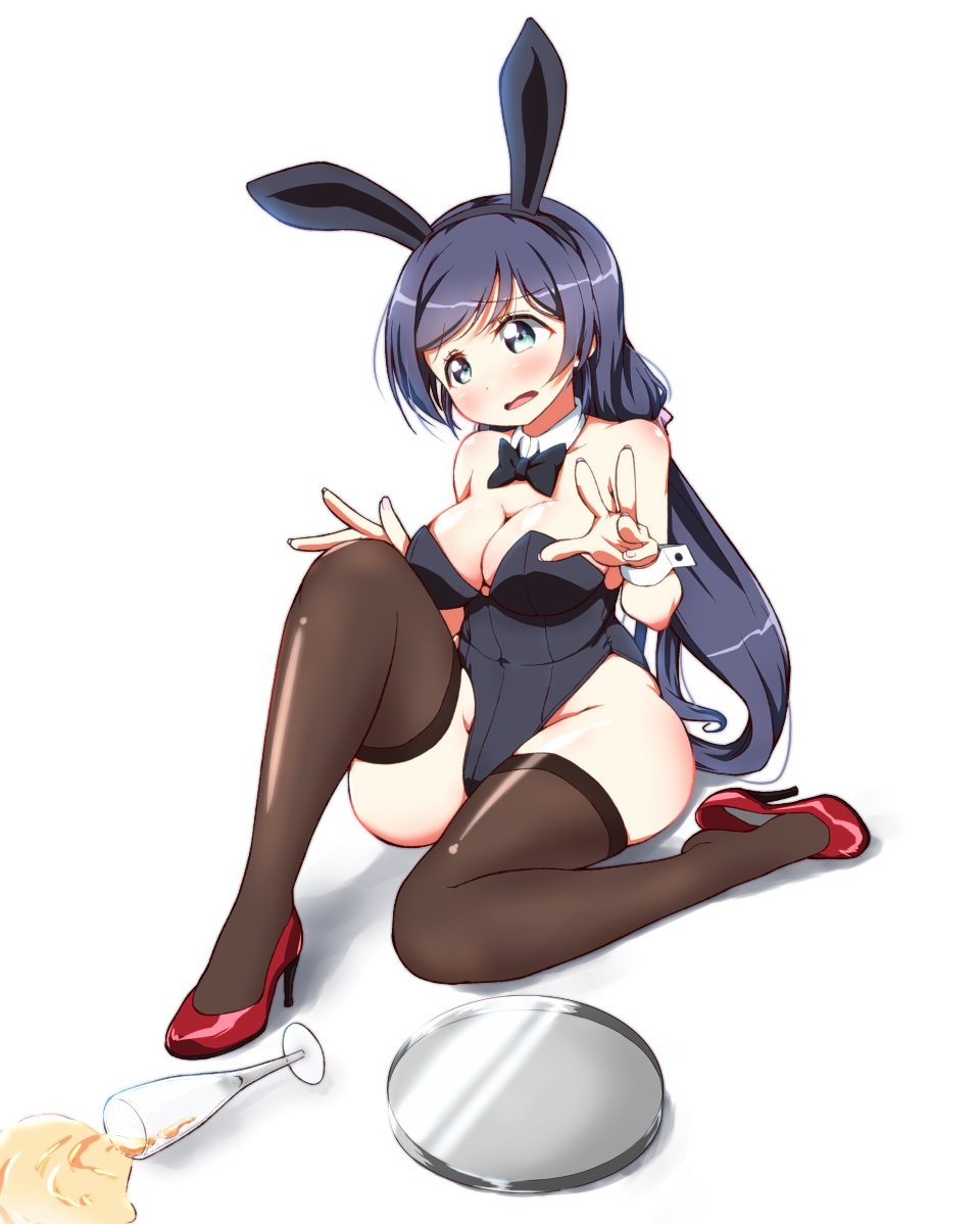 alcohol animal_ears black_hair bowtie breasts bunnysuit cleavage cup detached_collar green_eyes long_hair love_live!_school_idol_project rabbit_ears spill sukaru573 thigh-highs toujou_nozomi tray twintails wine wine_glass wrist_cuffs