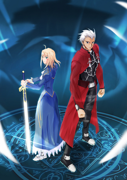 1boy 1girl ahoge archer blonde_hair blue_dress brushing dress excalibur fate/hollow_ataraxia fate/stay_night fate/unlimited_codes fate/zero fate_(series) jacket long_sleeves over_te pixiv_thumbnail red_jacket saber sword tan_skin weapon white_hair