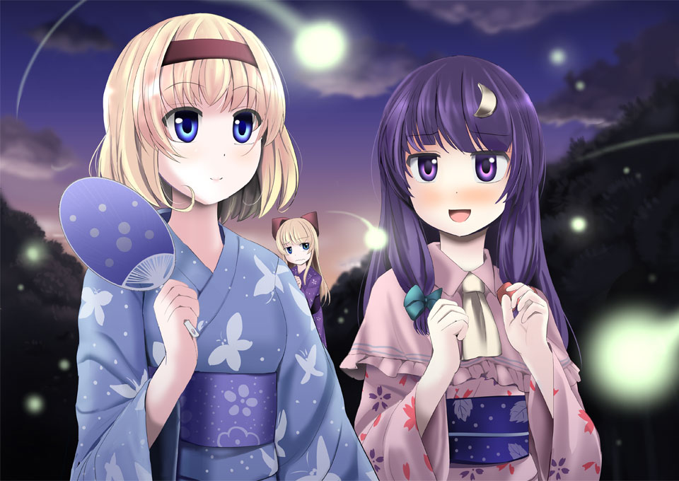 2girls a_(aaaaaaaaaaw) alice_margatroid alternate_costume blonde_hair blue_eyes blush bow capelet clouds commentary_request crescent_hair_ornament fan fireflies hair_bow hair_ornament hairband japanese_clothes kimono long_sleeves multiple_girls night obi open_mouth patchouli_knowledge purple_hair sash shanghai_doll sky smile touhou violet_eyes wide_sleeves yukata