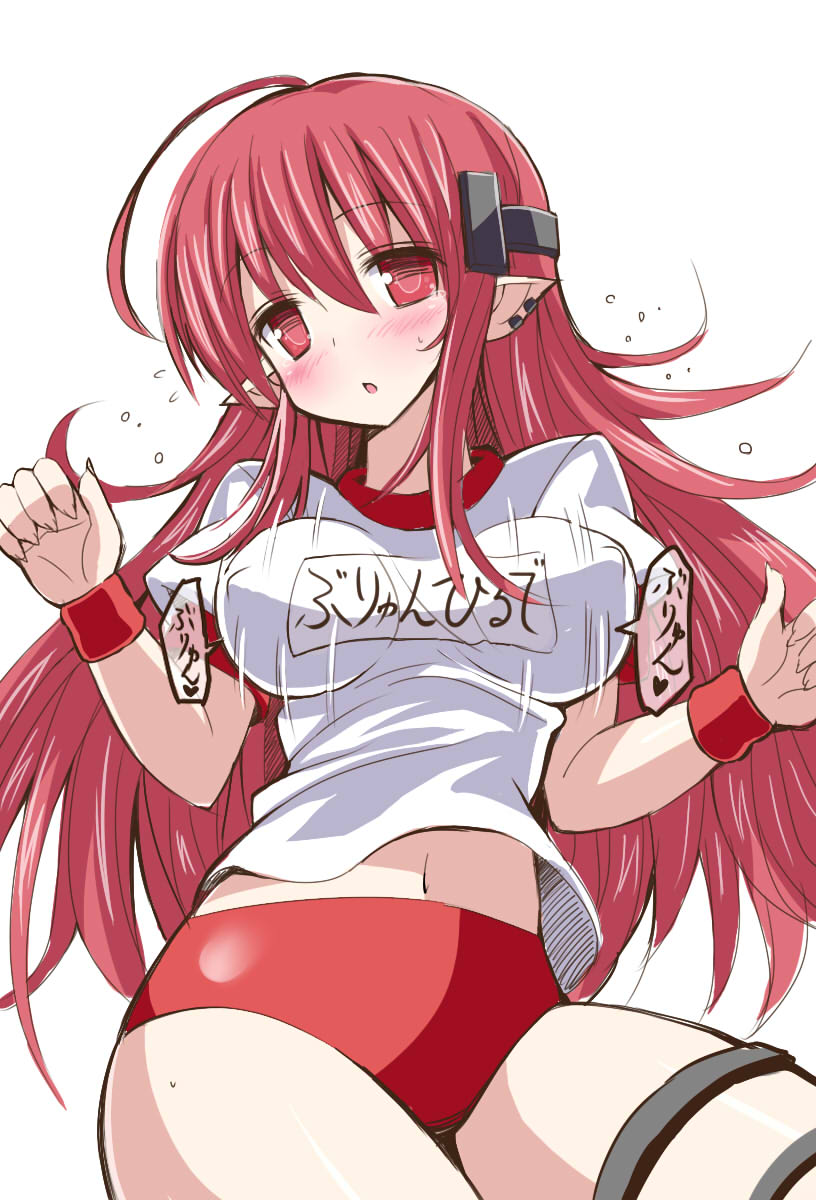 1girl ahoge blush bouncing_breasts breasts buruma chestnut_mouth ear_piercing flying_sweatdrops givuchoko gym_uniform highres impossible_clothes impossible_shirt long_hair navel open_mouth original piercing pointy_ears red_eyes redhead solo thigh_strap white_background wristband
