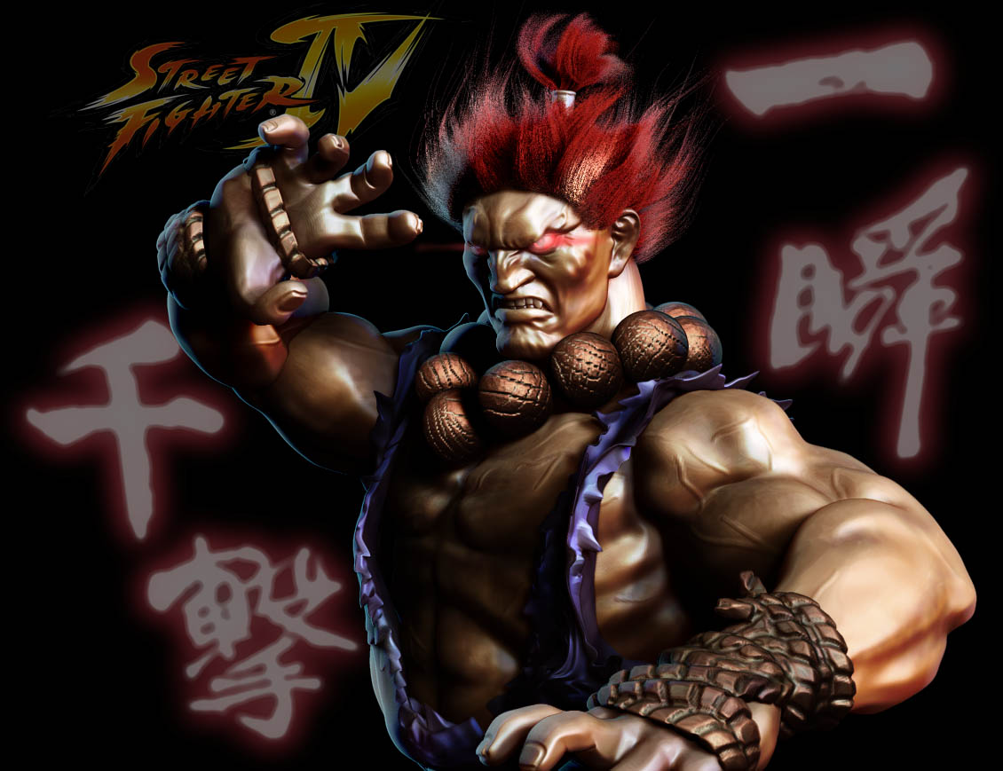1boy 3d beads dark_skin dougi gouki male muscle red_eyes redhead short_hair shun_goku_satsu solo street_fighter
