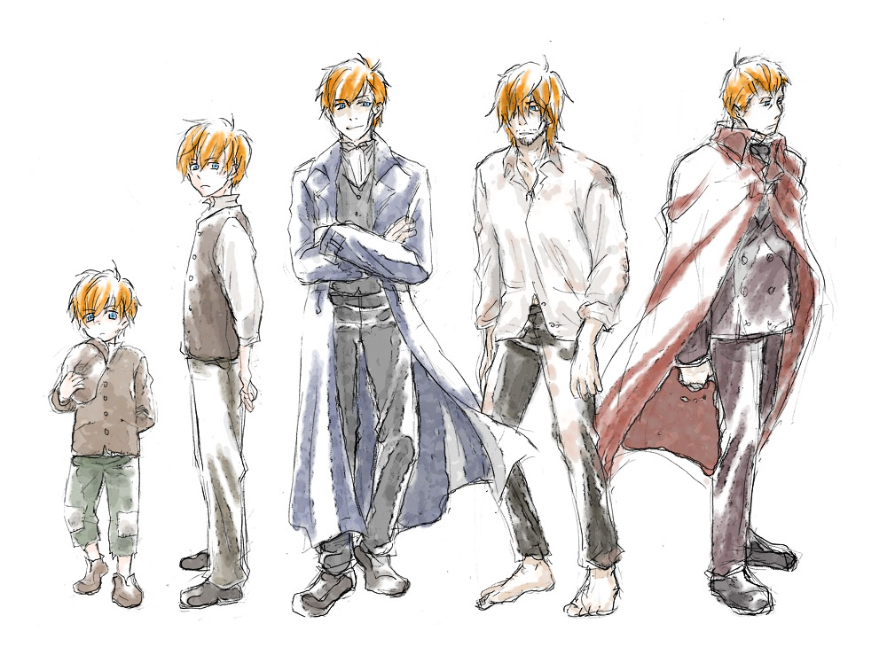 age_progression barefoot blue_eyes boots bow cape crossed_arms facial_hair hat larten_crepsley long_coat multiple_boys necktie rags redhead short_hair the_saga_of_darren_shan the_saga_of_larten_crepsley vampire vest younger