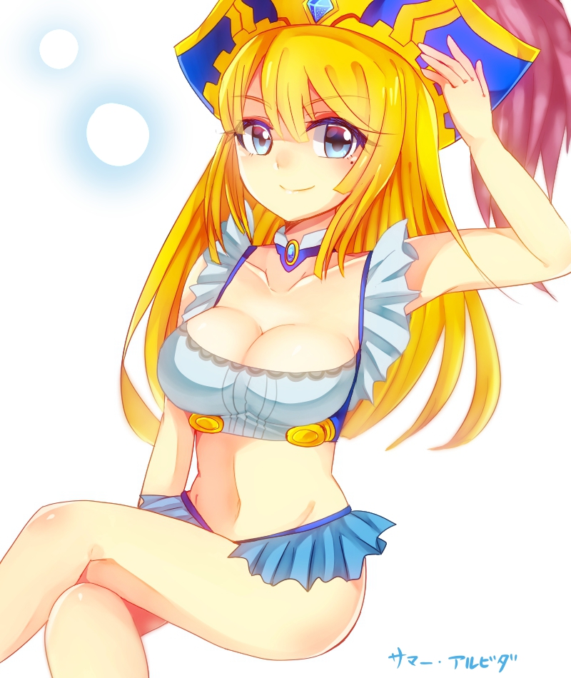 1girl adapted_costume awilda_(p&amp;d) bare_shoulders blonde_hair blue_eyes blush breasts character_name cleavage collarbone crop_top crossed_legs detached_collar feathers hand_on_headwear hat hat_feather large_breasts long_hair maiya midriff mole mound_of_venus navel pirate_hat puzzle_&amp;_dragons simple_background sitting smile solo text white_background