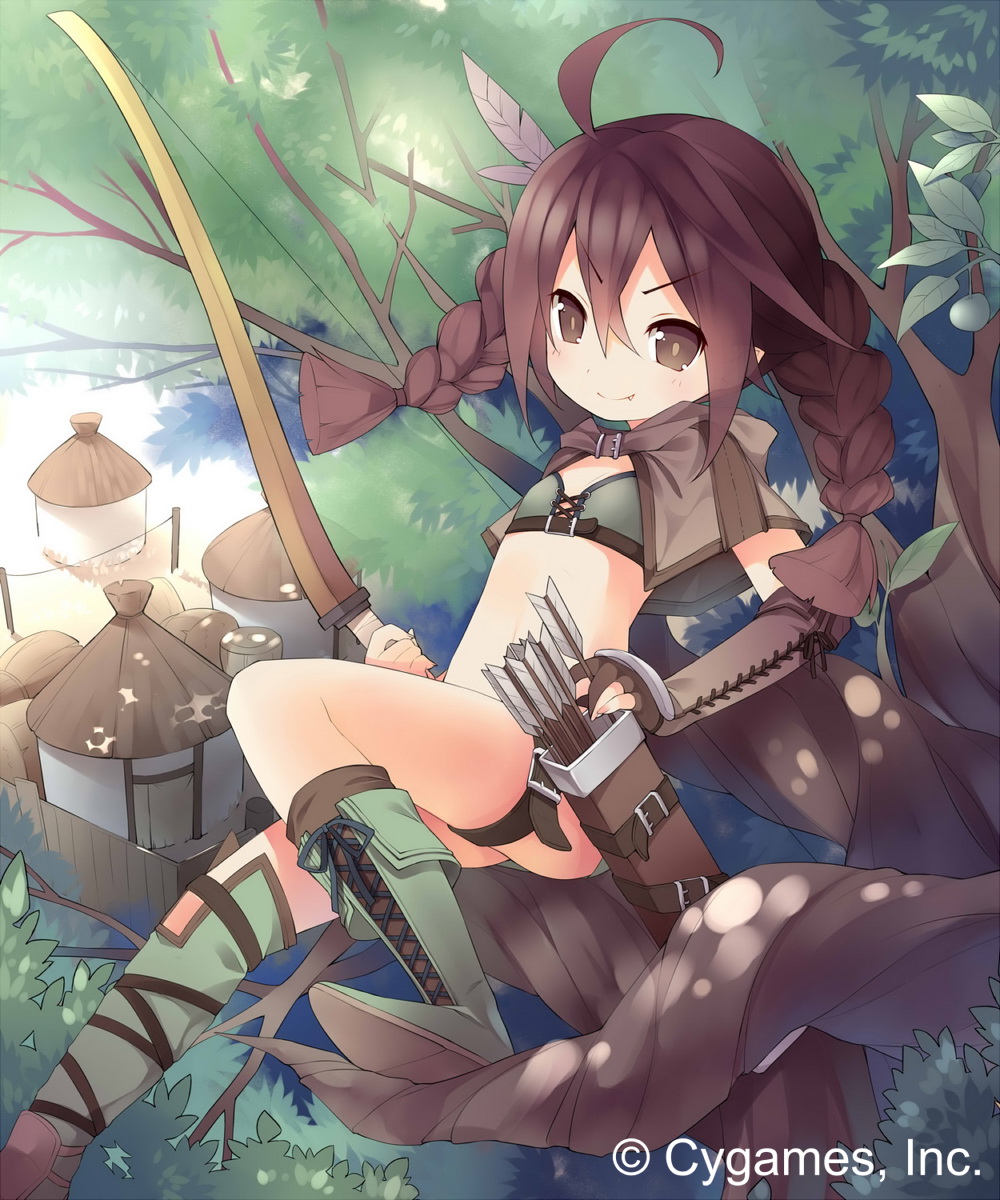 1girl bow_(weapon) braid brown_eyes brown_hair fang flat_chest highres looking_at_viewer official_art original saru shingeki_no_bahamut smile solo twin_braids weapon