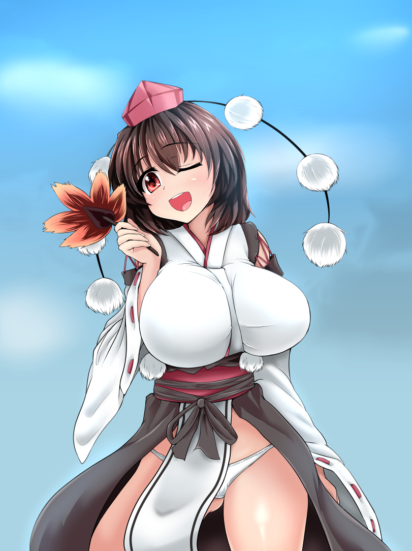 1girl alternate_costume autumn_leaves bare_legs black_hair bow breast_press breasts detached_sleeves fan hand_up hat japanese_clothes kourindou_tengu_costume large_breasts leaf leaf_fan long_sleeves looking_at_viewer maple_leaf obi one_eye_closed open_mouth panties pom_pom_(clothes) red_eyes ribbon ribbon-trimmed_sleeves ribbon_trim sash shameimaru_aya short_hair smile solo standing string tokin_hat touhou toumeikousokudouro underwear white_panties wide_sleeves