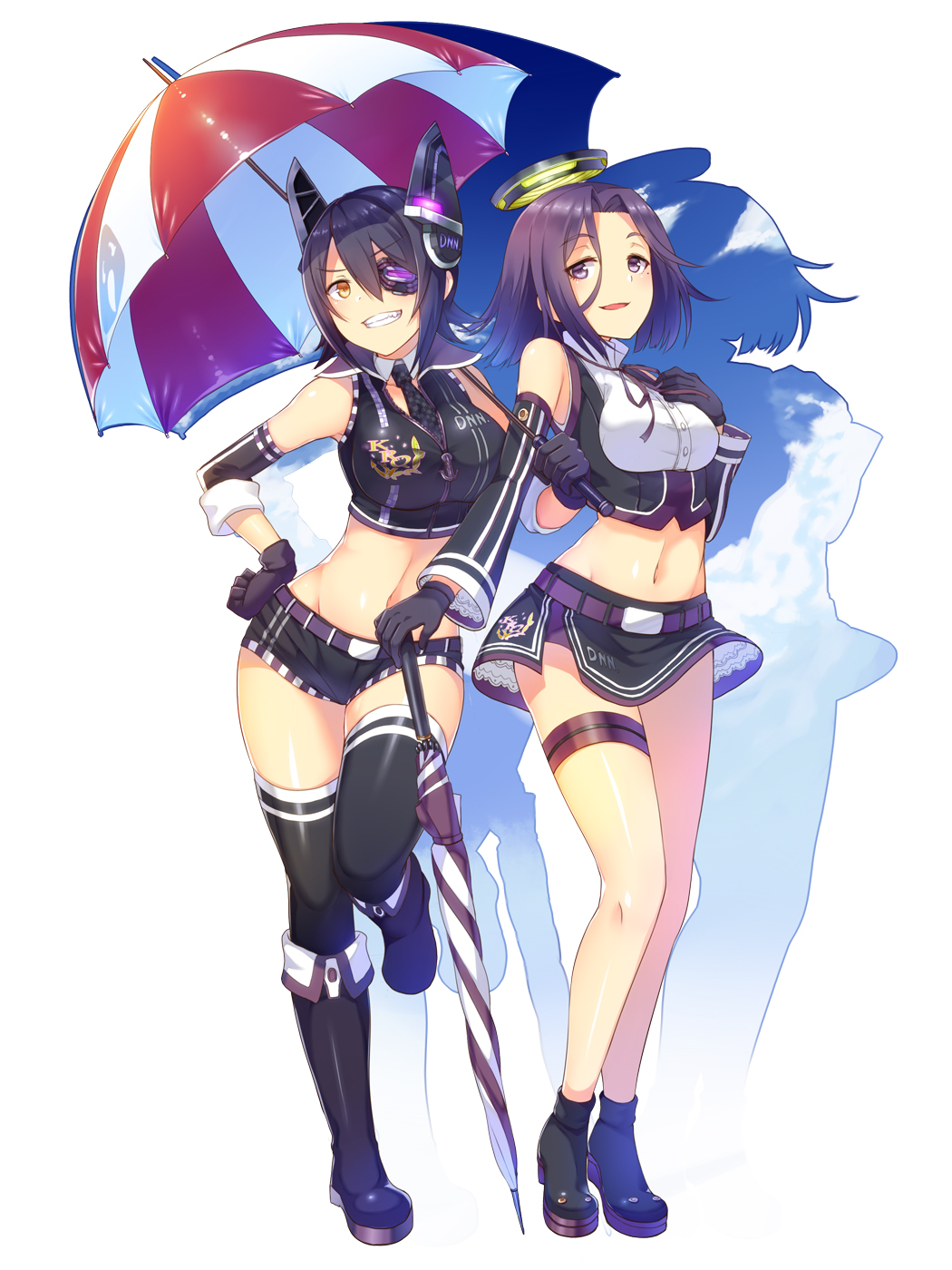 2girls alternate_costume bare_legs bare_shoulders black_gloves black_legwear blush boots breasts contrapposto crop_top detached_sleeves eyepatch full_body gloves grin hand_on_hip highres horosuke_(toot08) kantai_collection large_breasts legs looking_at_viewer microskirt midriff mole multiple_girls navel necktie parted_lips purple_hair racequeen revision short_hair short_shorts shorts simple_background skirt smile standing tatsuta_(kantai_collection) tenryuu_(kantai_collection) thigh-highs thigh_strap umbrella violet_eyes white_background yellow_eyes