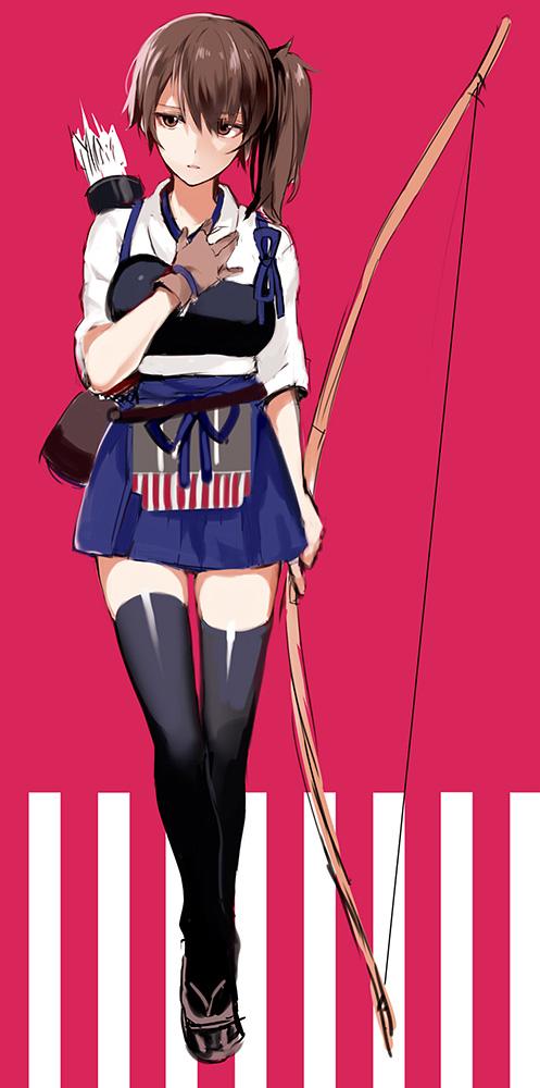 1girl arisaka_ako bow_(weapon) brown_eyes brown_gloves brown_hair full_body gloves hand_on_own_chest kaga_(kantai_collection) kantai_collection looking_at_viewer muneate quiver red_background short_hair side_ponytail skirt solo standing thigh-highs weapon
