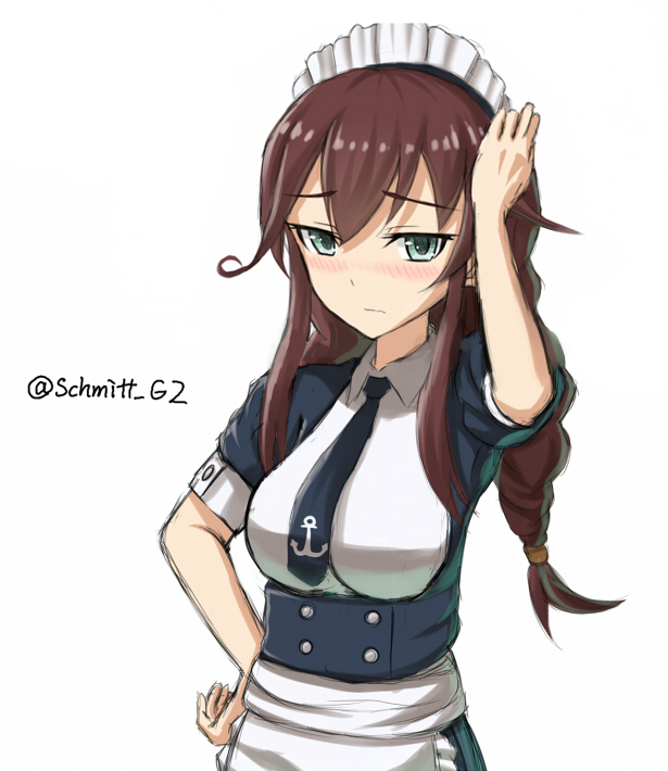 1girl alternate_costume anchor_symbol apron aqua_eyes blush braid brown_hair bust enmaided hand_on_hip hand_on_own_head kantai_collection maid maid_apron maid_headdress necktie noshiro_(kantai_collection) rabochicken short_sleeves solo twin_braids twitter_username white_background