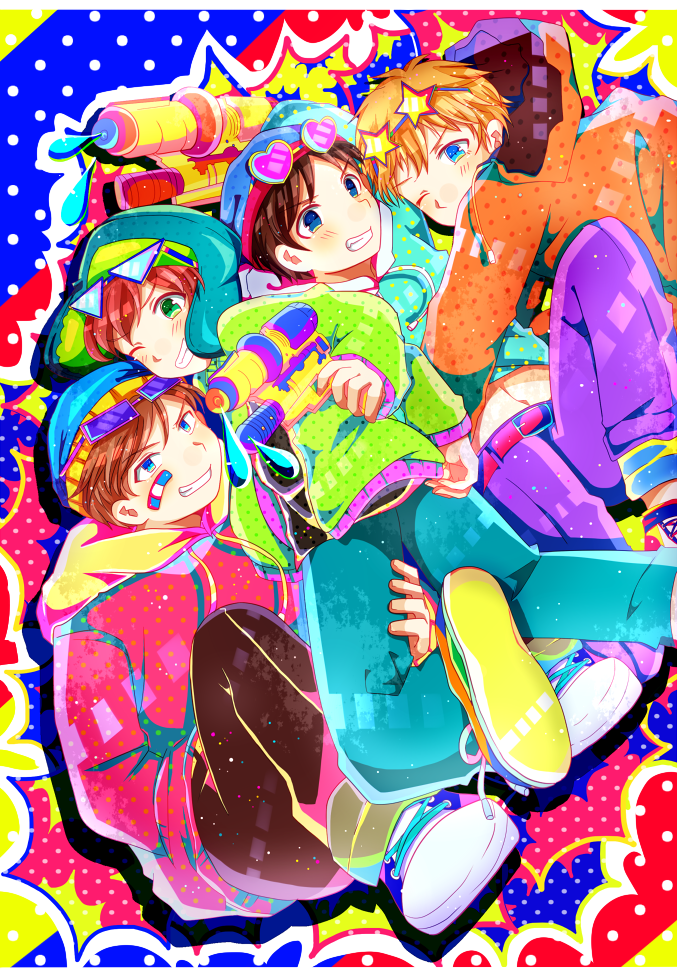 4boys bandaid bandaid_on_face belt blue_eyes blush brown_hair eric_cartman green_eyes grin hat heart heart-shaped_glasses hisate kenny_mccormick kyle_broflovski male multiple_boys one_eye_closed redhead smile south_park stan_marsh star star-shaped_glasses sunglasses sunglasses_on_head water_gun