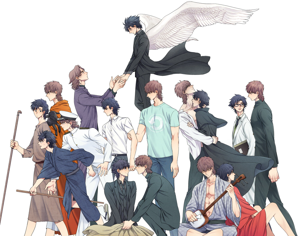 6+boys black_hair brown_hair emiya_kiritsugu fate/zero fate_(series) kotomine_kirei moratorian multiple_boys multiple_persona wings