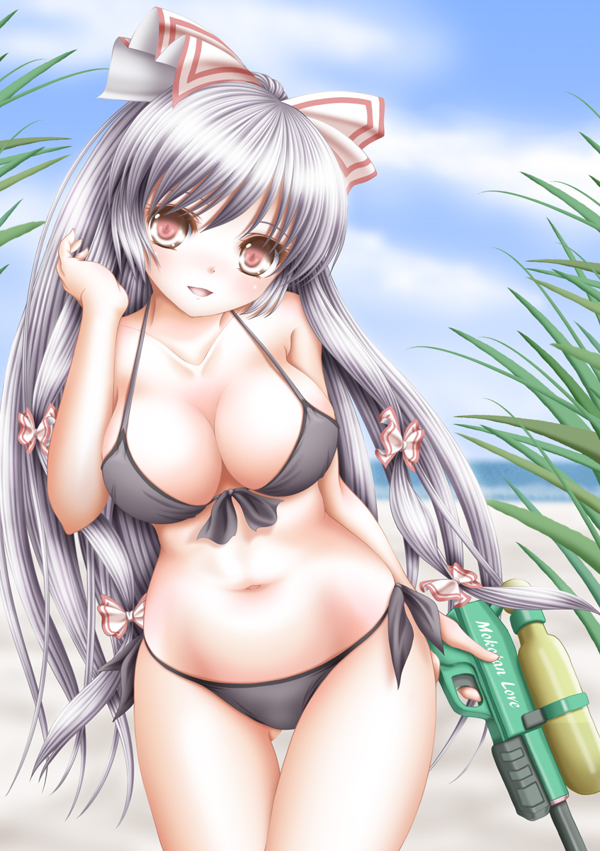 1girl akino_irori bikini black_bikini blue_sky blush bow breasts cleavage clouds collarbone fingernails front-tie_top fujiwara_no_mokou hair_bow hair_ribbon hand_in_hair highres large_breasts long_fingernails long_hair navel open_mouth parted_lips pink_eyes ribbon side-tie_bikini silver_hair sky smile solo strap_gap swimsuit thigh_gap touhou tress_ribbon very_long_hair water_gun